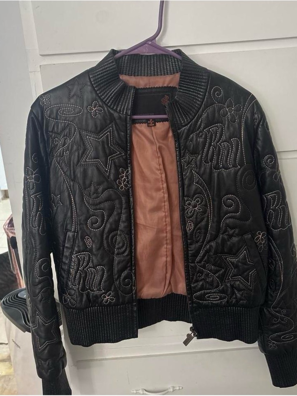 Rocawear Black Quilted Embroidered Bomber Jacket with Pink Lining